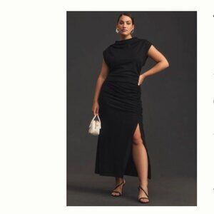 NWT XS Anthro The Maya Ruched Cowl-Neck Dress, Black